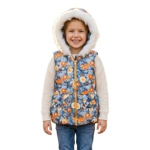 Little Lass Navy Floral Puffer Vest with Faux Fur Hood and Orange Accents Size 6